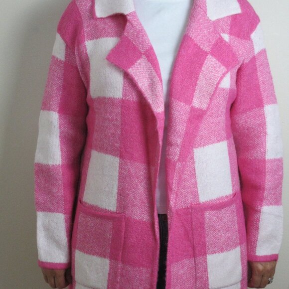 Women's Plaid Knit Coatigan Sweater Jacket Fuchsia Pink with Front Pockets NWT - Picture 2 of 8